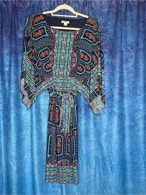 Cato Teal, Black & Rust Patterned Boho Dress